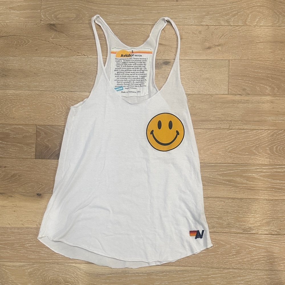 Aviator Nation White Tank Top with Yellow Smiley